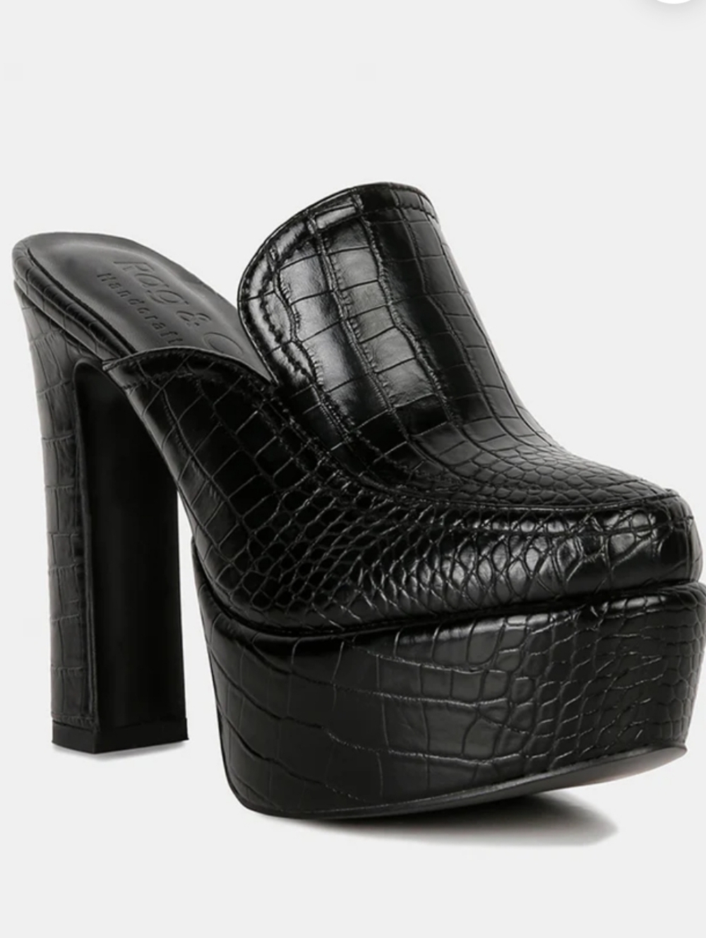 Rag & Co. Black Croc-Embossed Platform Mule Heels size 7